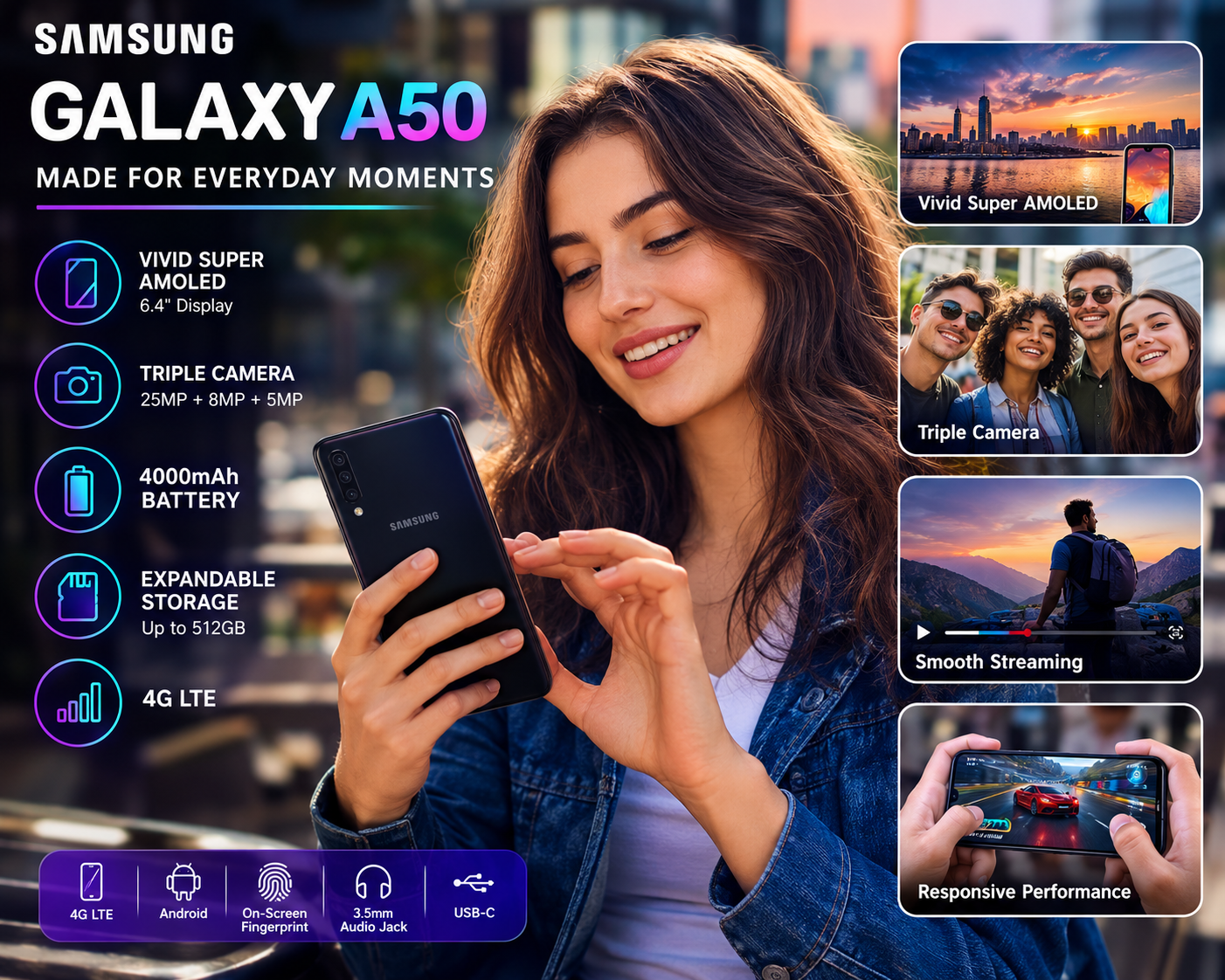 SAMSUNG Galaxy A50 unlocked smartphone in hand, black back with colorful front display