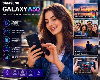 SAMSUNG Galaxy A50 unlocked smartphone in hand, black back with colorful front display