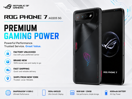 Black ASUS ROG Phone 7 AI2205 5G smartphone with front and back views