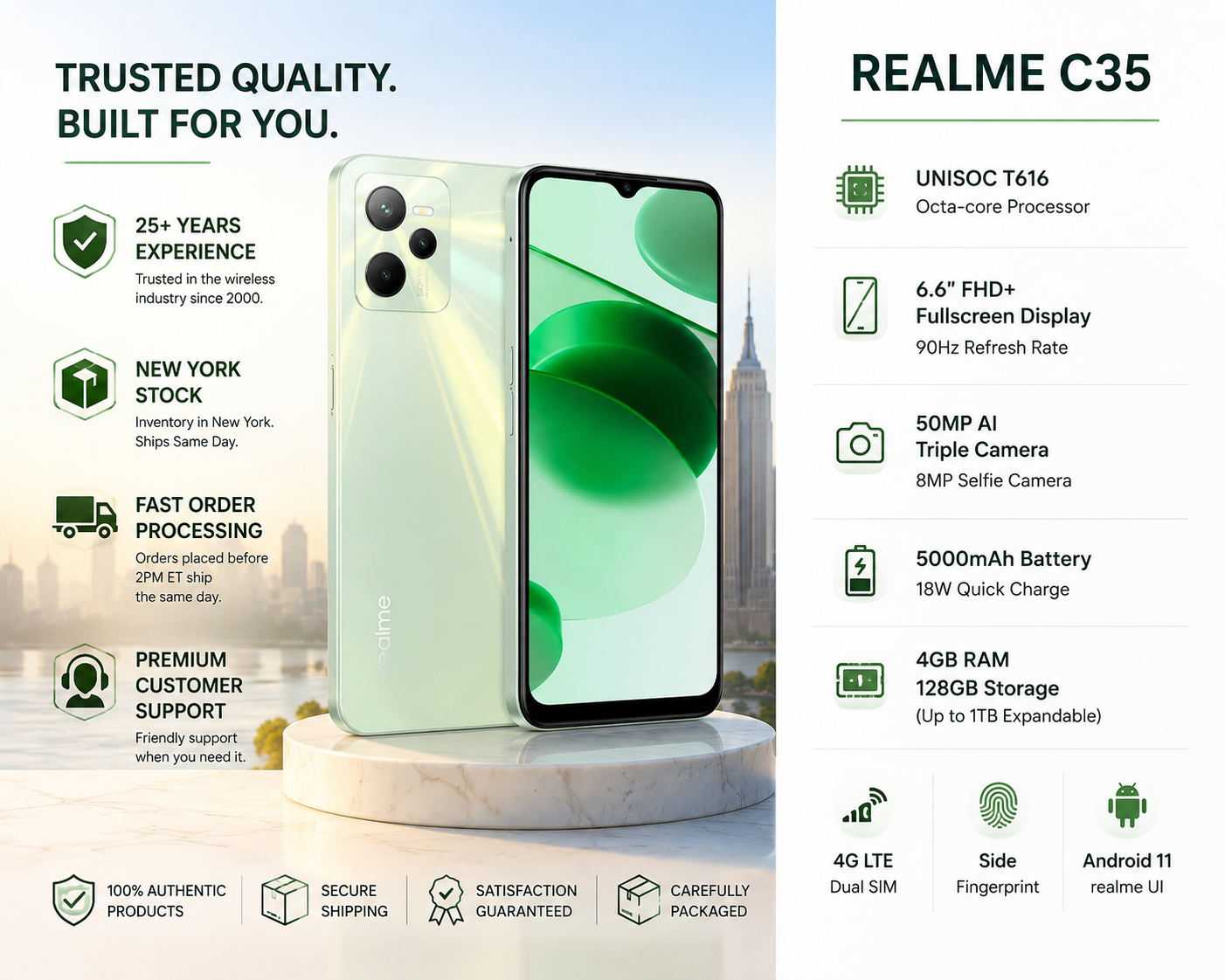 Realme GT Master Edition 5G Glowing green smartphone front and back view with dual rear camera module