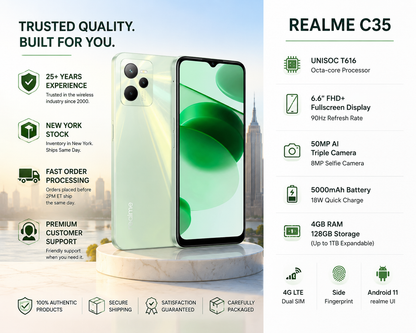 Realme GT Master Edition 5G Glowing green smartphone front and back view with dual rear camera module
