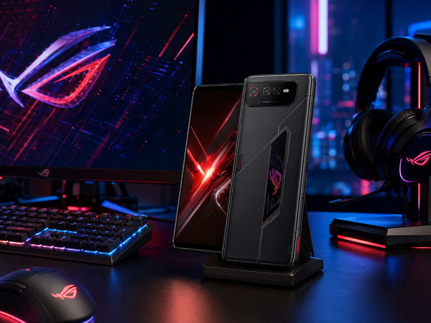 Black ASUS ROG Phone 6 smartphone on stand with rear and side visible