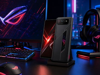 Black ASUS ROG Phone 6 smartphone on stand with rear and side visible