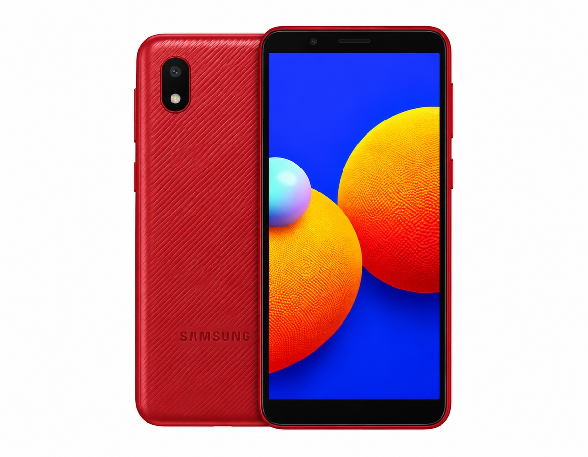 Red Samsung Galaxy A01 Core smartphone showing front screen and back with camera.
