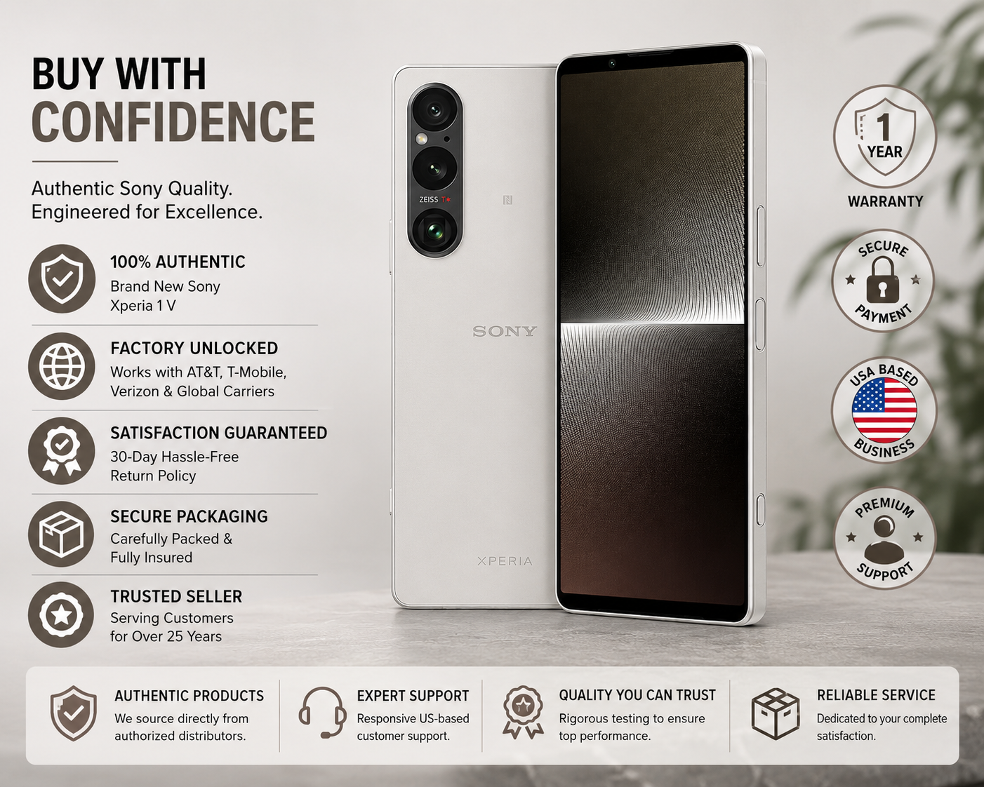 Silver Sony Xperia 1 V smartphone with front screen and rear camera cluster