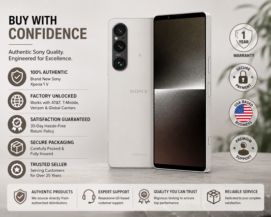 Silver Sony Xperia 1 V smartphone with front screen and rear camera cluster
