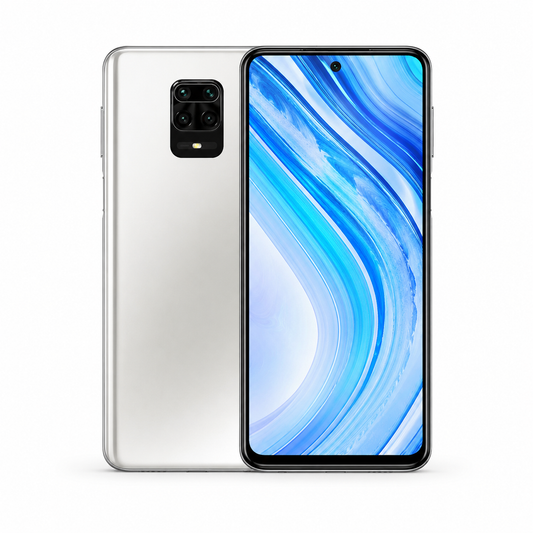 White smartphone with blue abstract display, front and back shown
