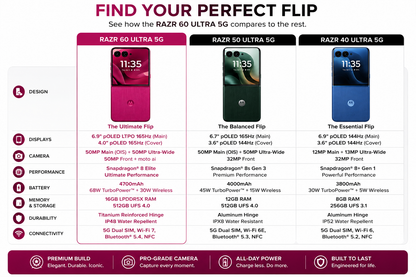 Maroon flip smartphone with dual displays, shown open and folded in three views