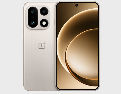 OnePlus 15 5G phone front and rear side-by-side in light beige color