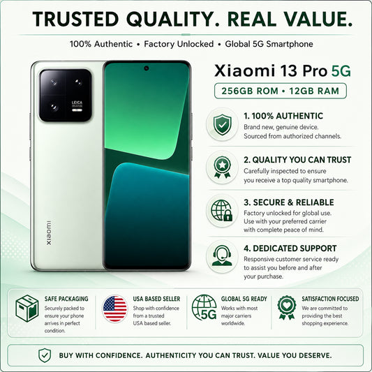 Green Xiaomi 13 Pro 5G smartphone, front display and back panel shown side by side