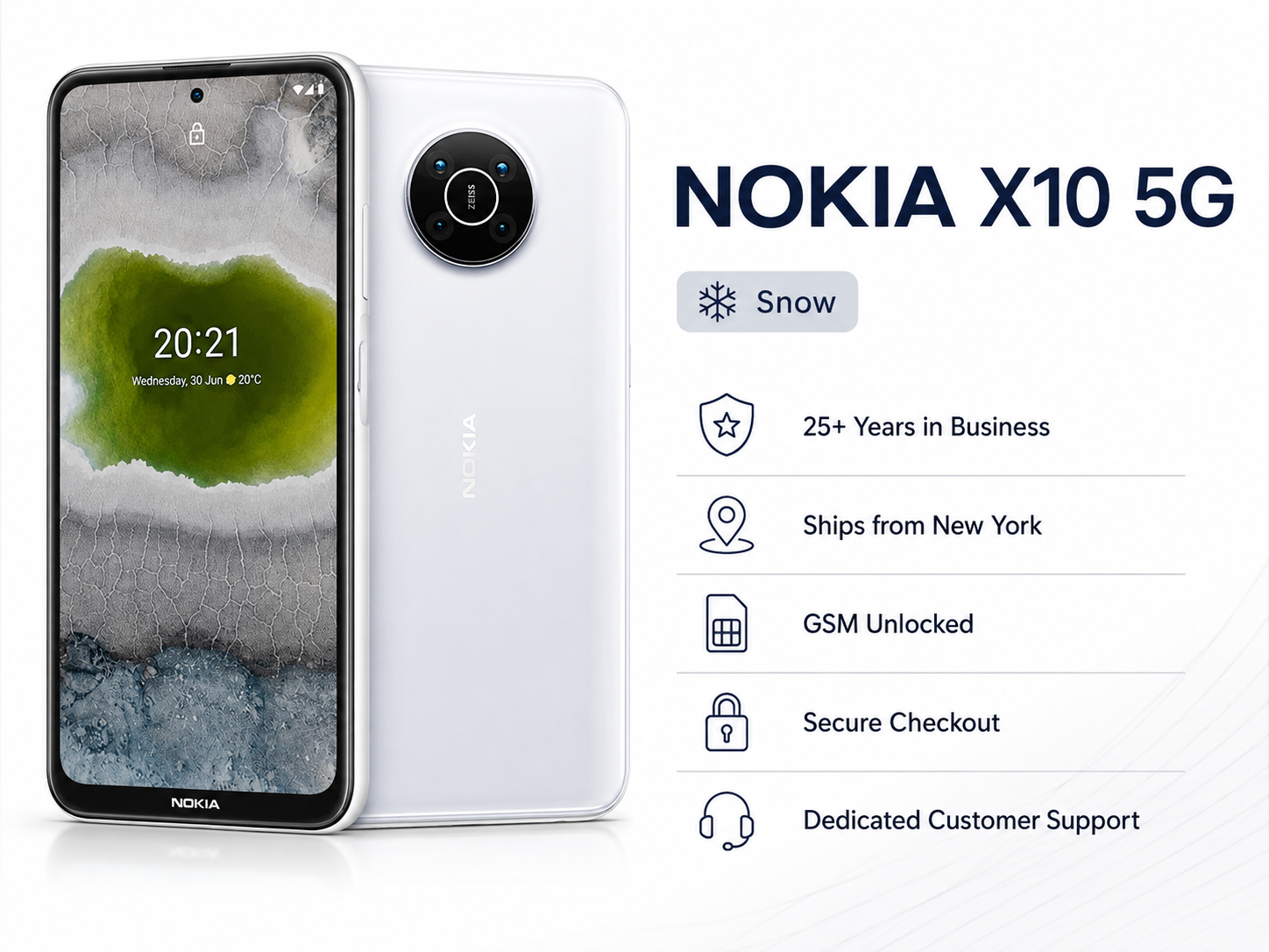 Snow Nokia X10 5G smartphone, front display and white back with camera