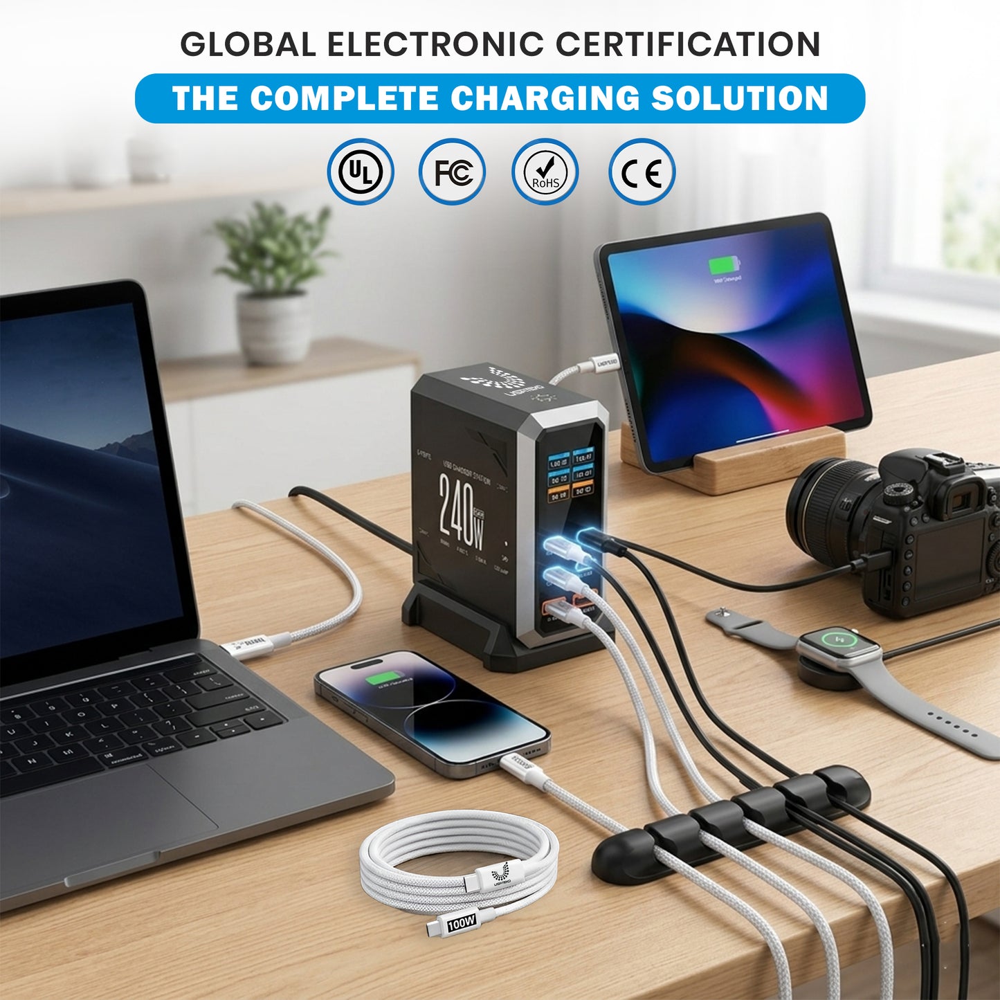 USATEKO 240W GaN 6-Port USB Charging Station with 140W USB-C and 2× 100W Cables
