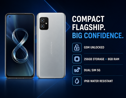 Asus Zenfone 8 Silver smartphone showing front and back with dual rear cameras