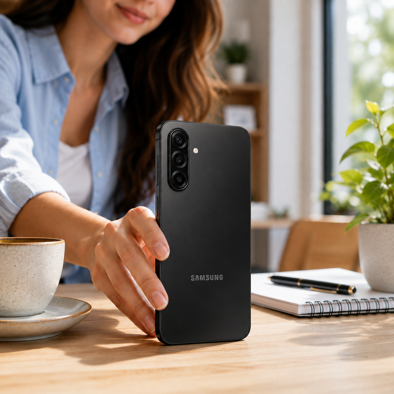 Black Samsung Galaxy A17 phone held in hand, triple rear cameras