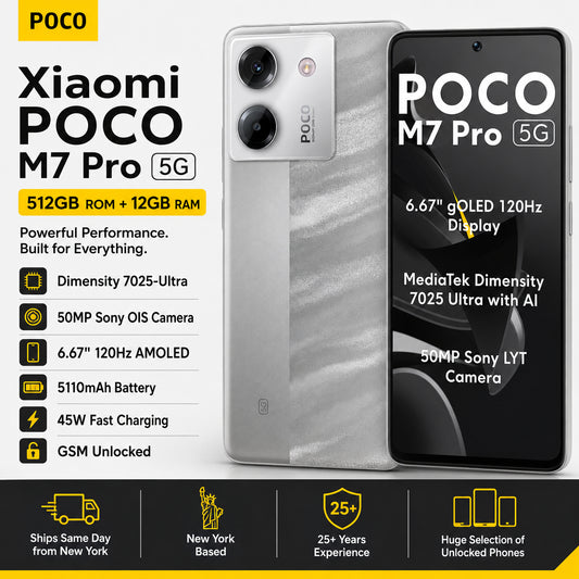 Xiaomi Poco M7 Pro 5G Silver and black smartphones with feature callouts and POCO branding on the panel.