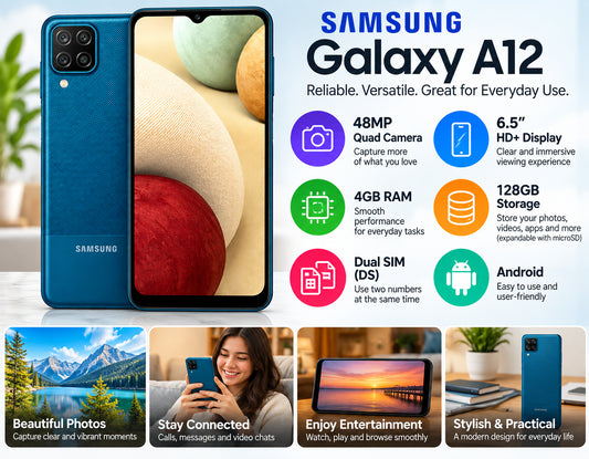 Blue Samsung Galaxy A12 smartphone showing front display and back cameras