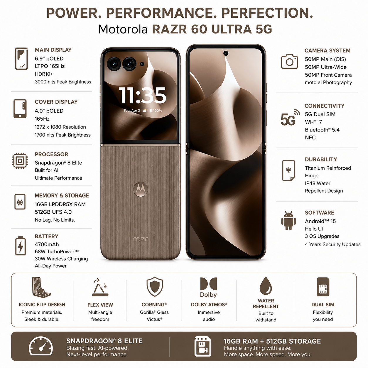 Motorola Razr 60 Ultra 5G foldable smartphone with dual cameras and brown finish