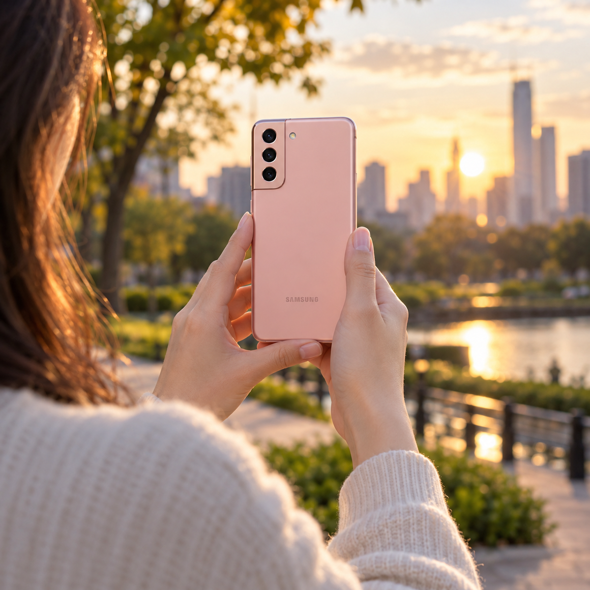 Pink Samsung Galaxy S21 5G smartphone held in hands outdoors