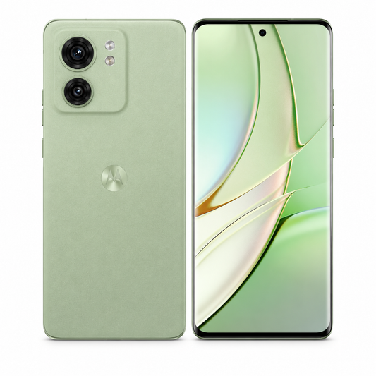 Olive green Motorola Edge 40 5G smartphone, rear and front view with dual cameras