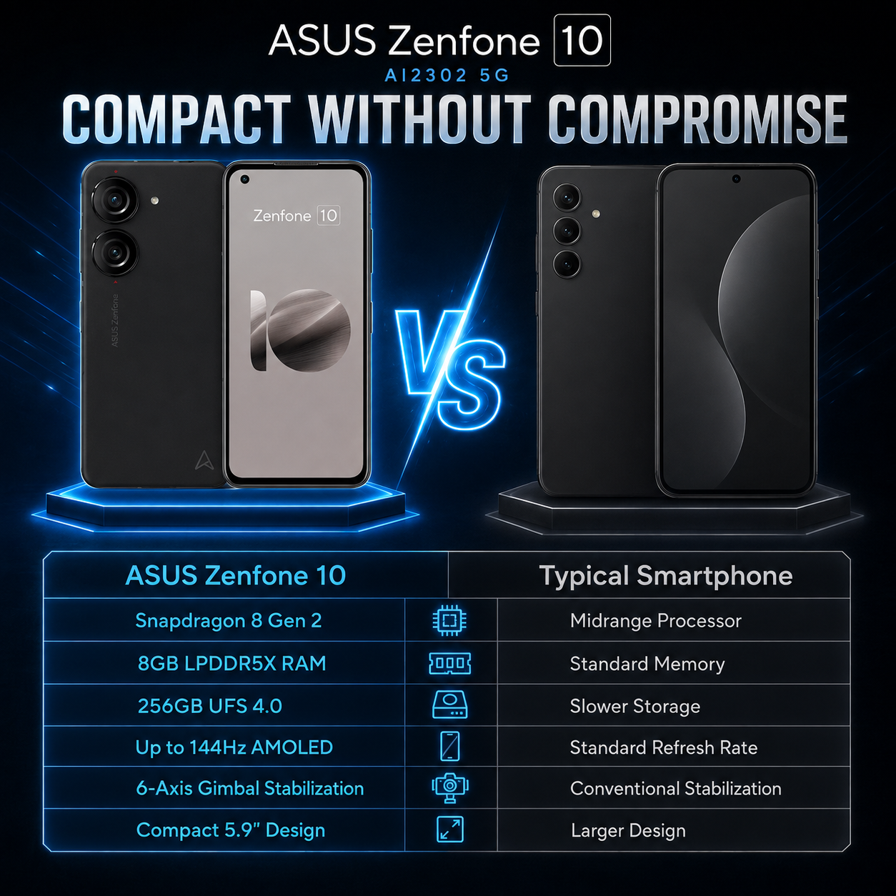 Black ASUS Zenfone 10 smartphone, front view with dual rear cameras visible