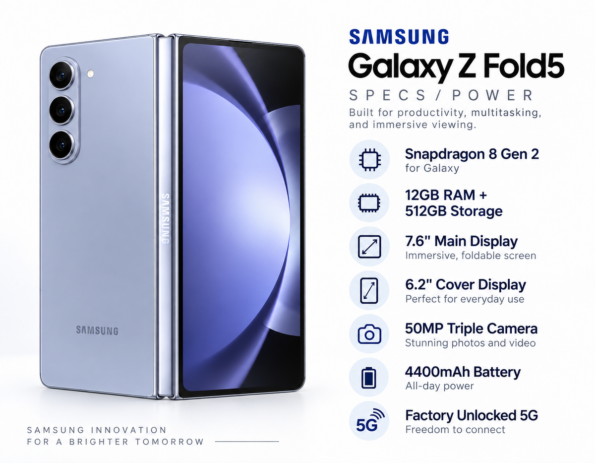 Blue foldable smartphone, Samsung Galaxy Z Fold5 open with triple rear cameras