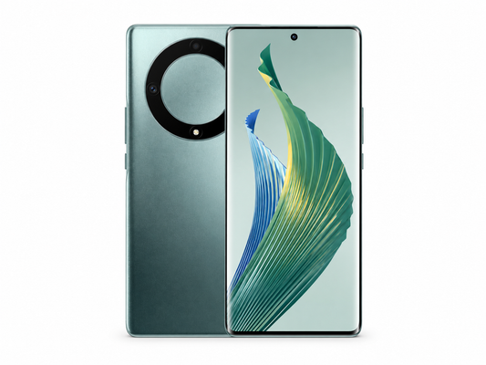 Green Honor Magic5 Lite 5G smartphone showing front screen and rear circular camera