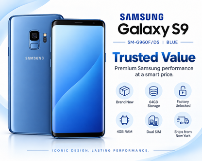 Blue Samsung Galaxy S9 smartphone with curved display and rear fingerprint sensor