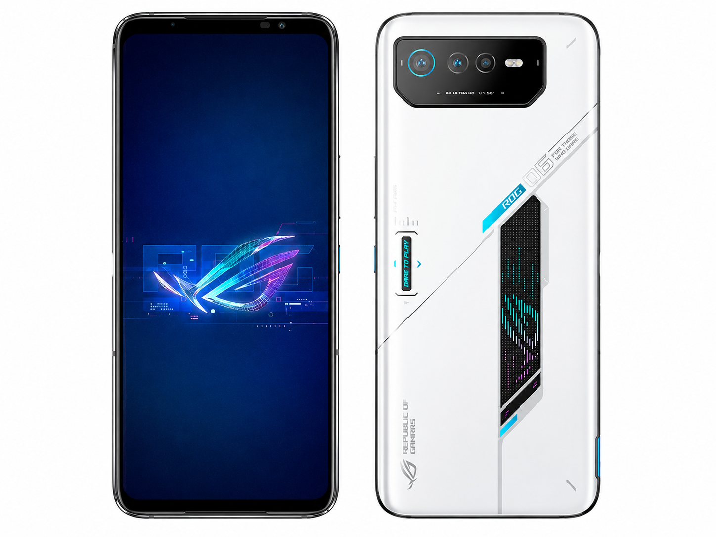 ASUS ROG Phone 6 5G gaming smartphone, white back and black front, front/rear view