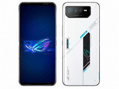 ASUS ROG Phone 6 5G gaming smartphone, white back and black front, front/rear view