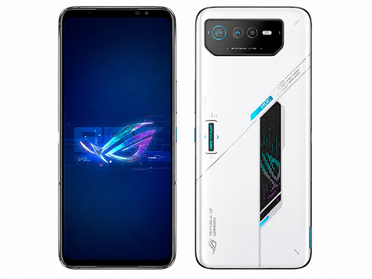 ASUS ROG Phone 6 5G gaming smartphone, white back and black front, front/rear view