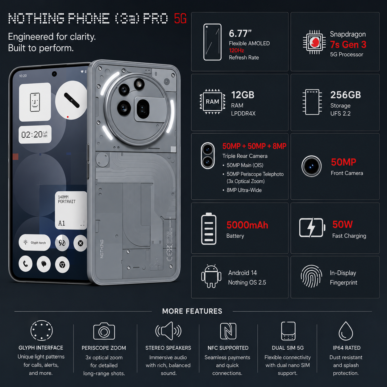 Nothing Phone (3a) Pro 5G smartphone, grey, front and back with circular camera ring
