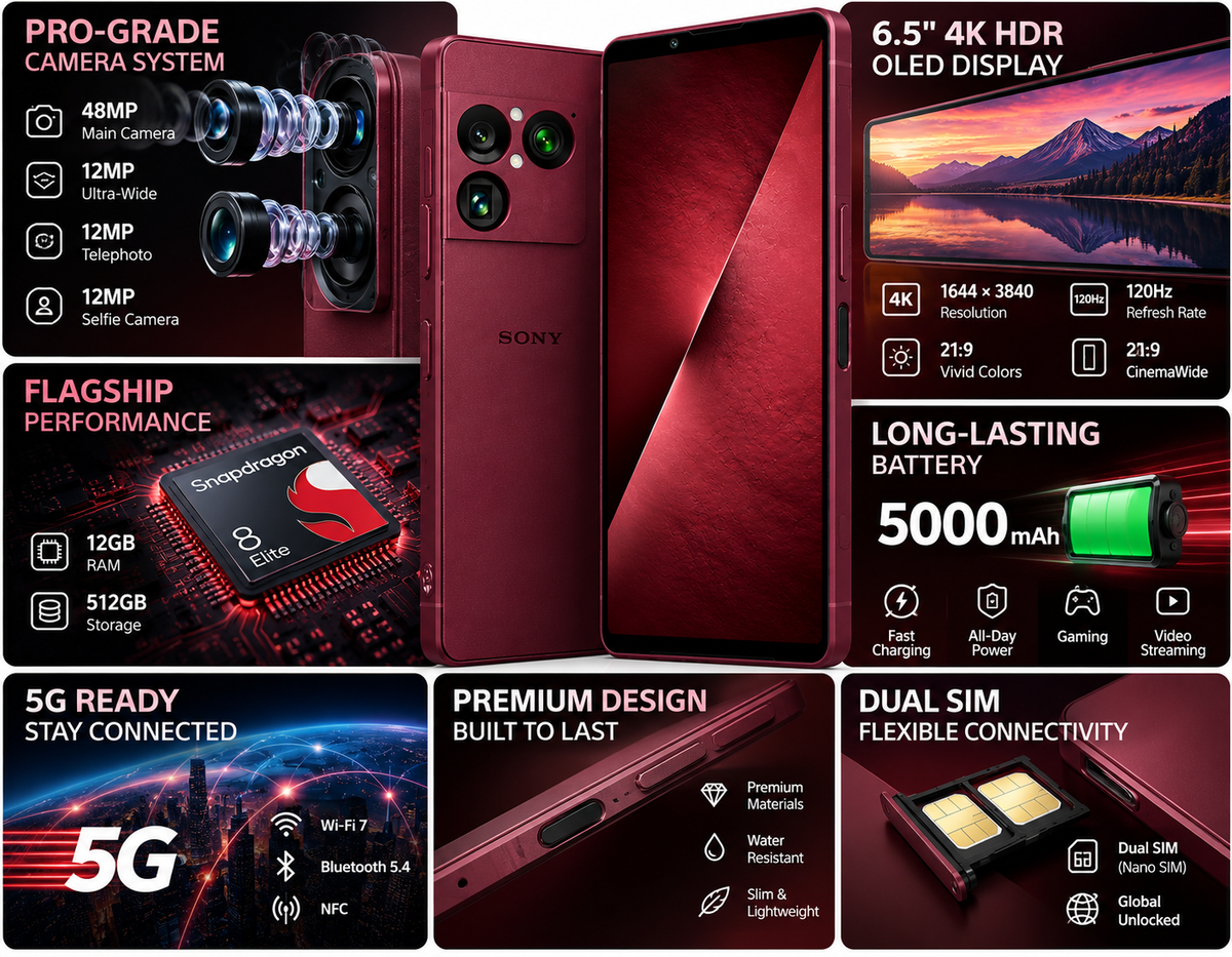 Sony Xperia 1 VIII XQ-GE74 Dual SIM 5G 512GB ROM 12GB RAM GSM Unlocked - Red