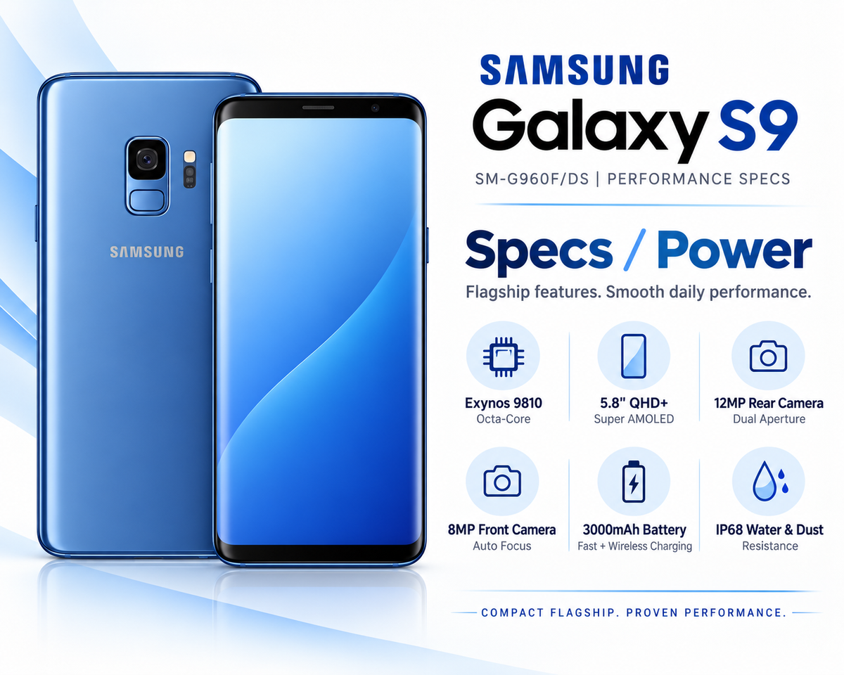 Blue Samsung Galaxy S9 smartphone pair, front screen and rear camera visible