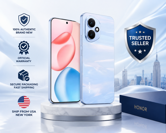 Pair of blue smartphones with dual rear cameras, front and back views
