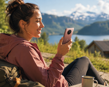Nokia X20 5G Woman smiling while holding a rose copper smartphone outdoors