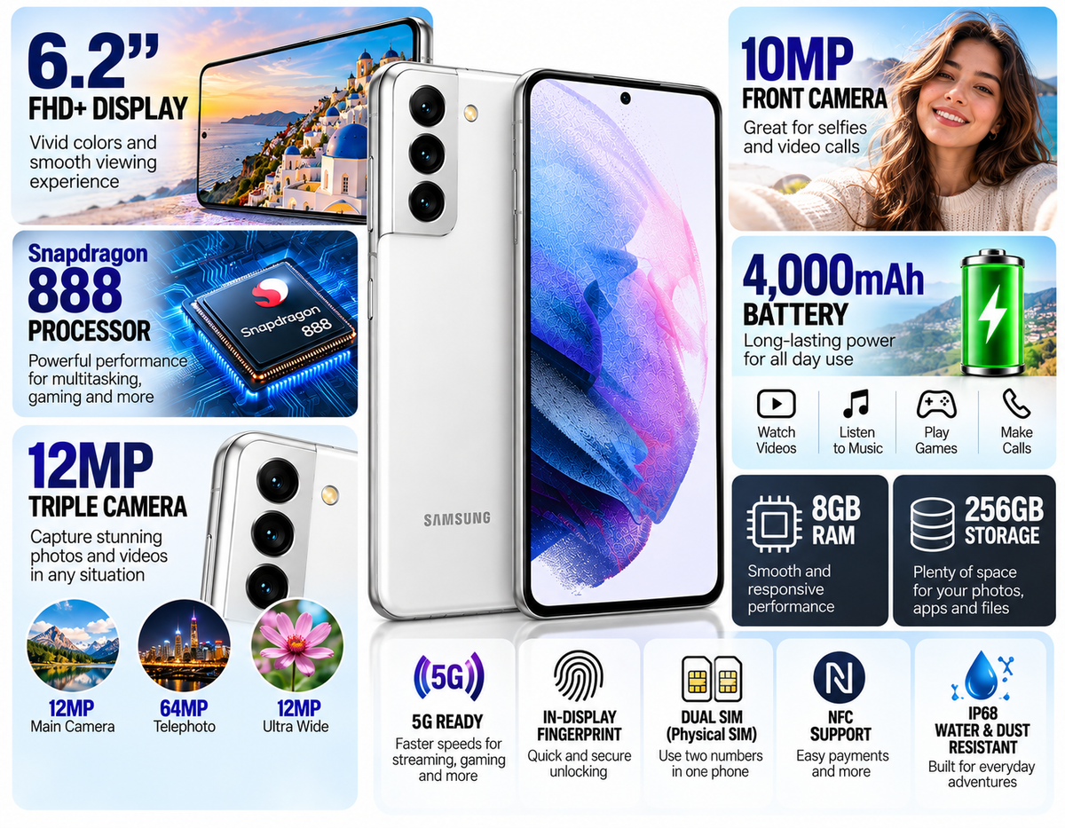 Samsung S21 5G White Samsung smartphone front and back with 5G, triple-camera, NFC, and battery icons