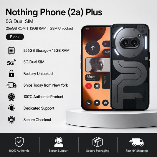 Black Nothing Phone (2a) Plus smartphone set with front display and back panel.