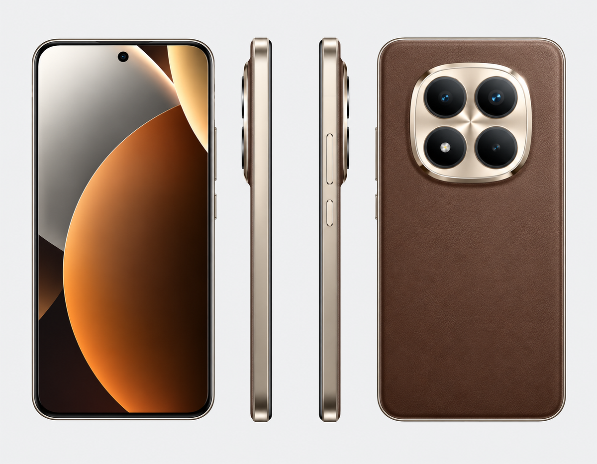 Xiaomi Redmi Note 15 Pro Plus 5G Brown smartphone showing front, side buttons, and rear camera module.