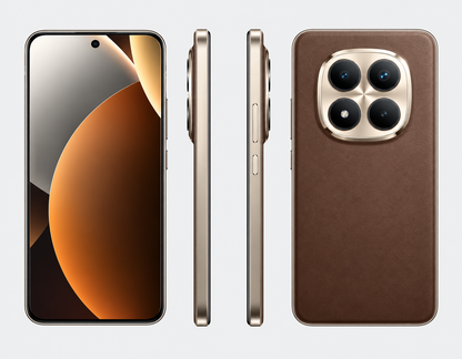 Xiaomi Redmi Note 15 Pro Plus 5G Brown smartphone showing front, side buttons, and rear camera module.