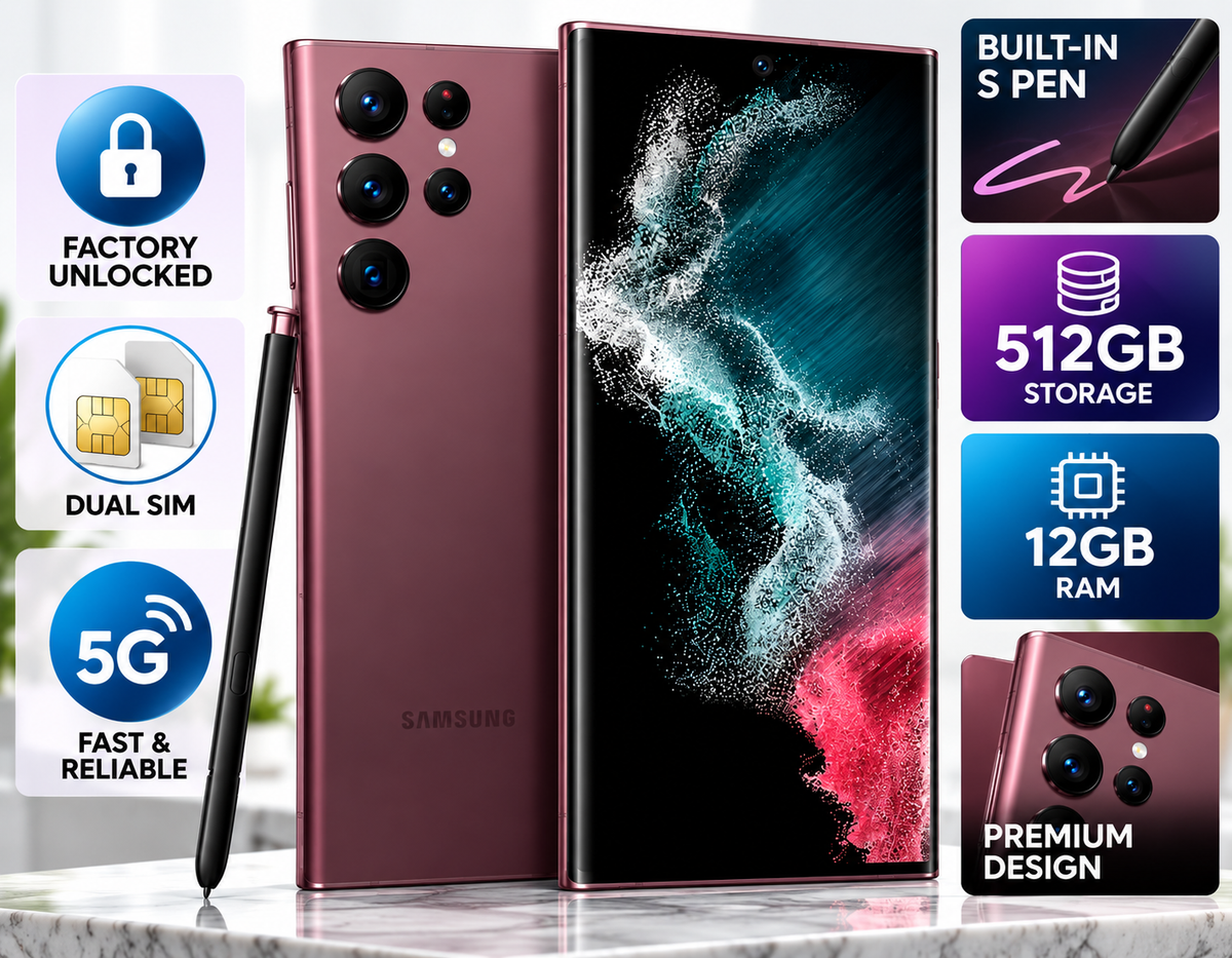 Samsung Galaxy S22 Ultra Burgundy Samsung Ultra phone with S Pen, dual SIM styling, and front display.