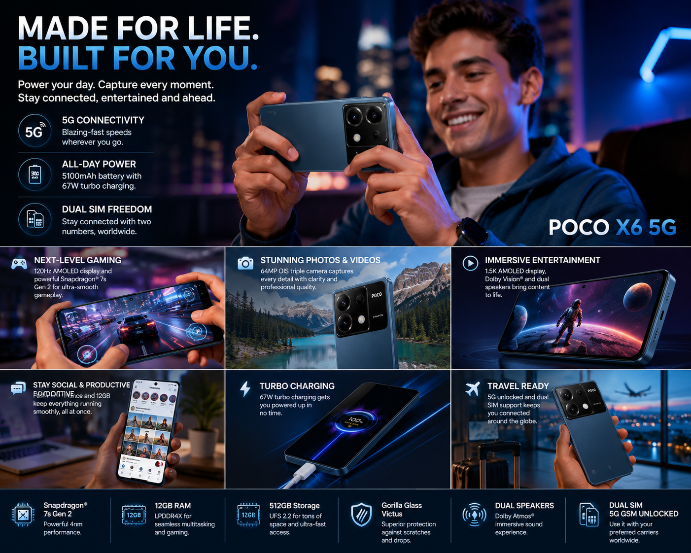 Xiaomi Poco X6 5G Blue smartphone with rear camera module, held in hand