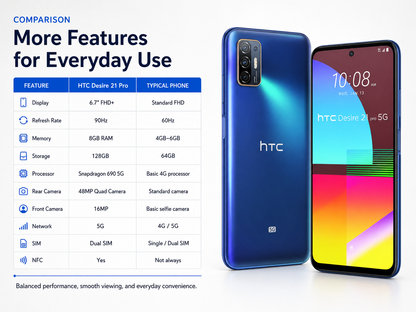 Blue HTC Desire 21 Pro 5G phone front and back side-by-side for comparison