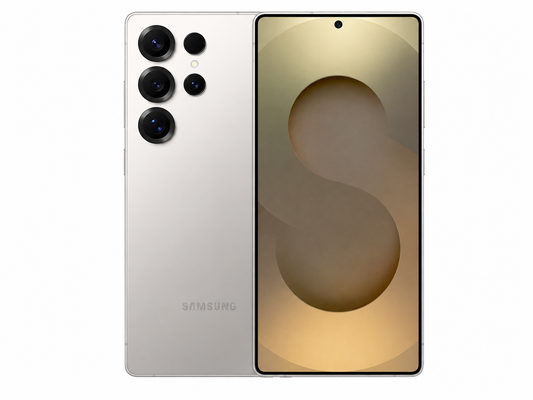 White Samsung Galaxy S25 Ultra smartphone, front and back view with quad cameras