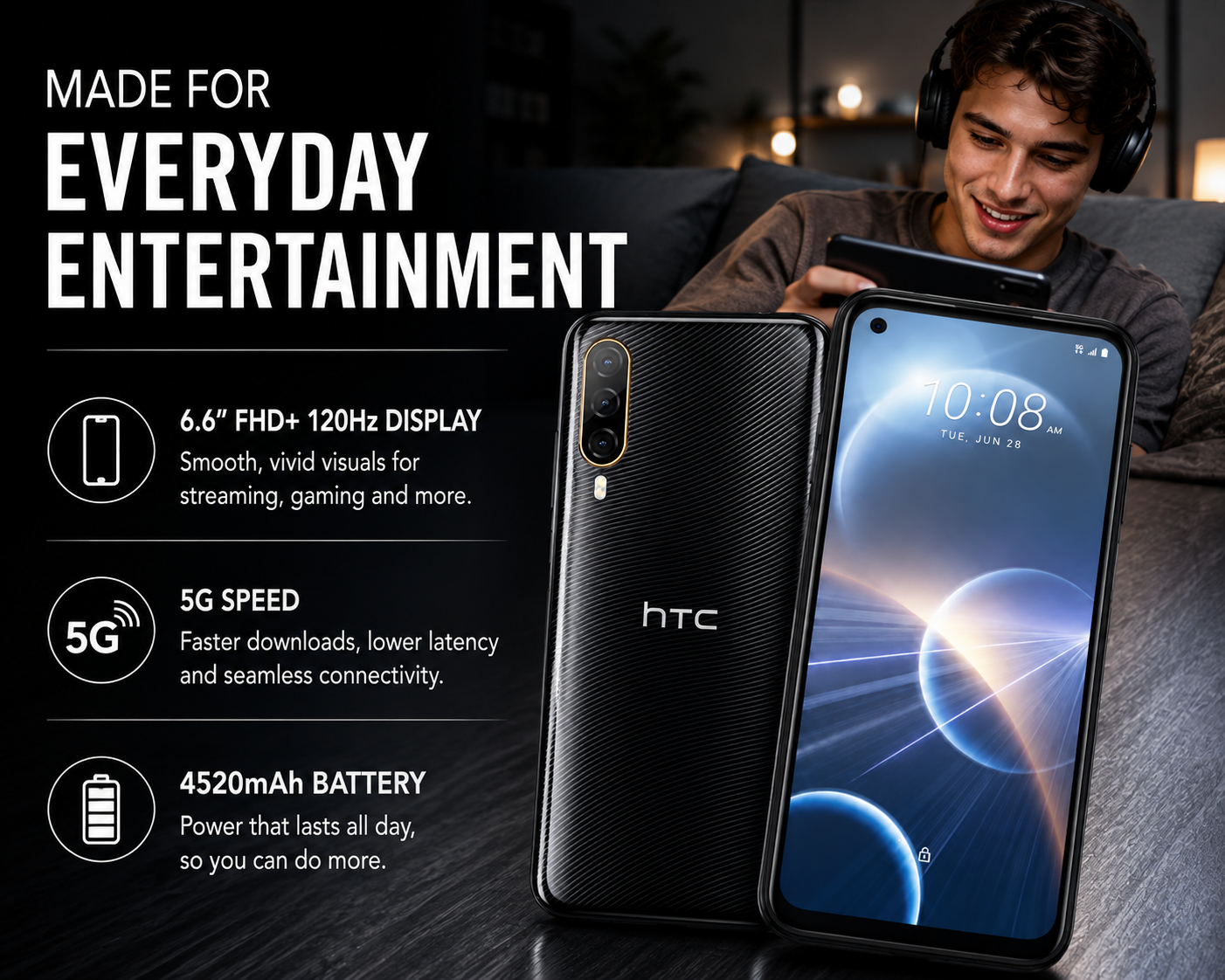 HTC Desire 22 Pro 5G smartphone, black, front display and textured rear seen