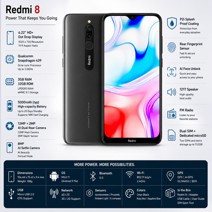 Redmi 8 smartphone front and back view in dark onyx black