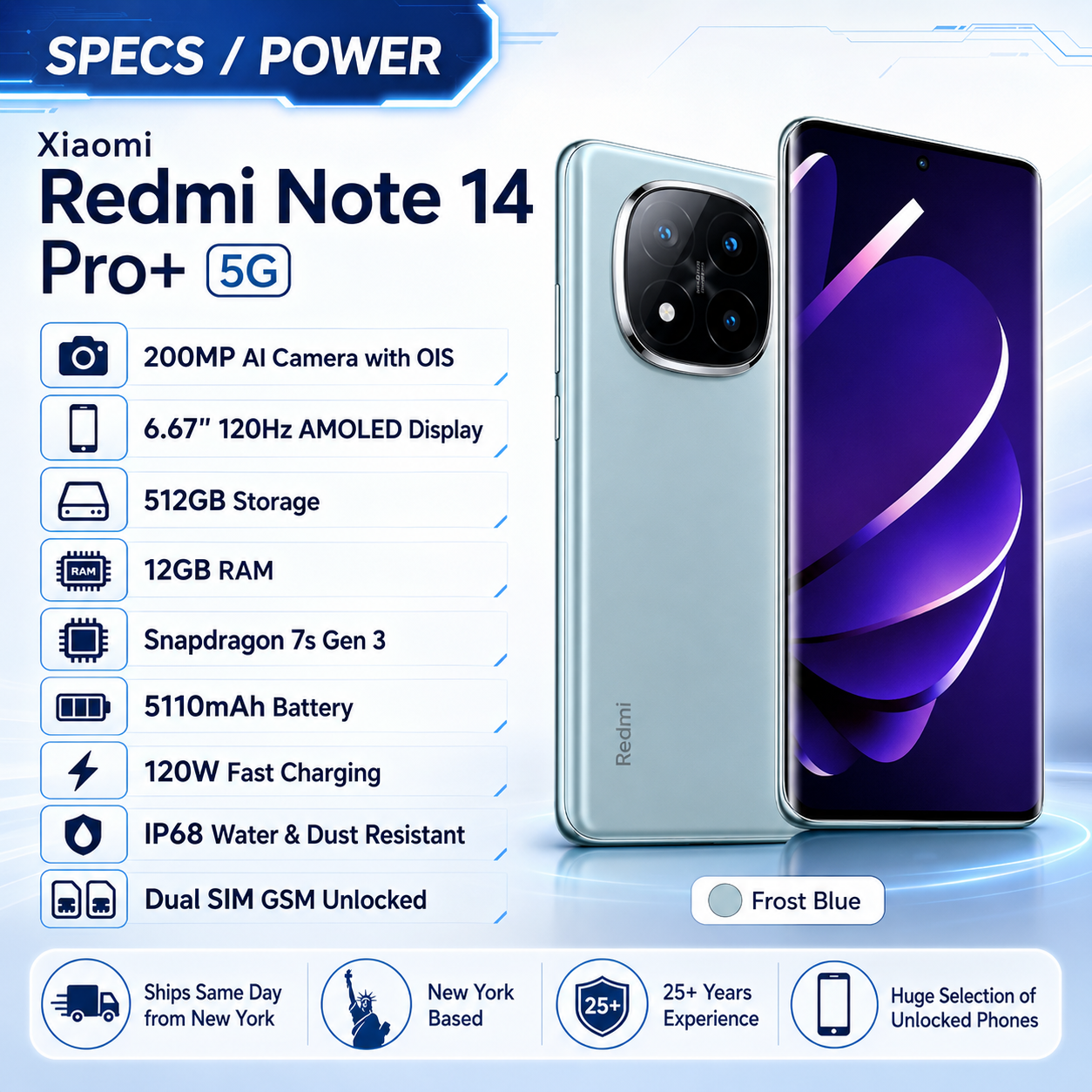 Xiaomi Redmi Note 14 Pro Plus 5G 512GB ROM 12GB RAM Dual SIM GSM Unlocked - Frost Blue