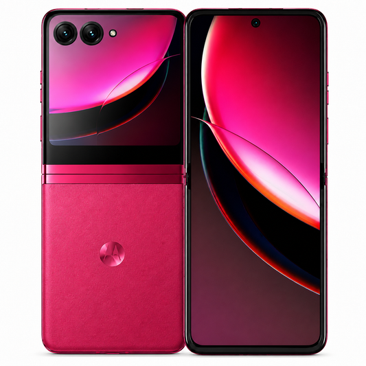 Viva Magenta foldable smartphone front and back close-up with triple rear cameras