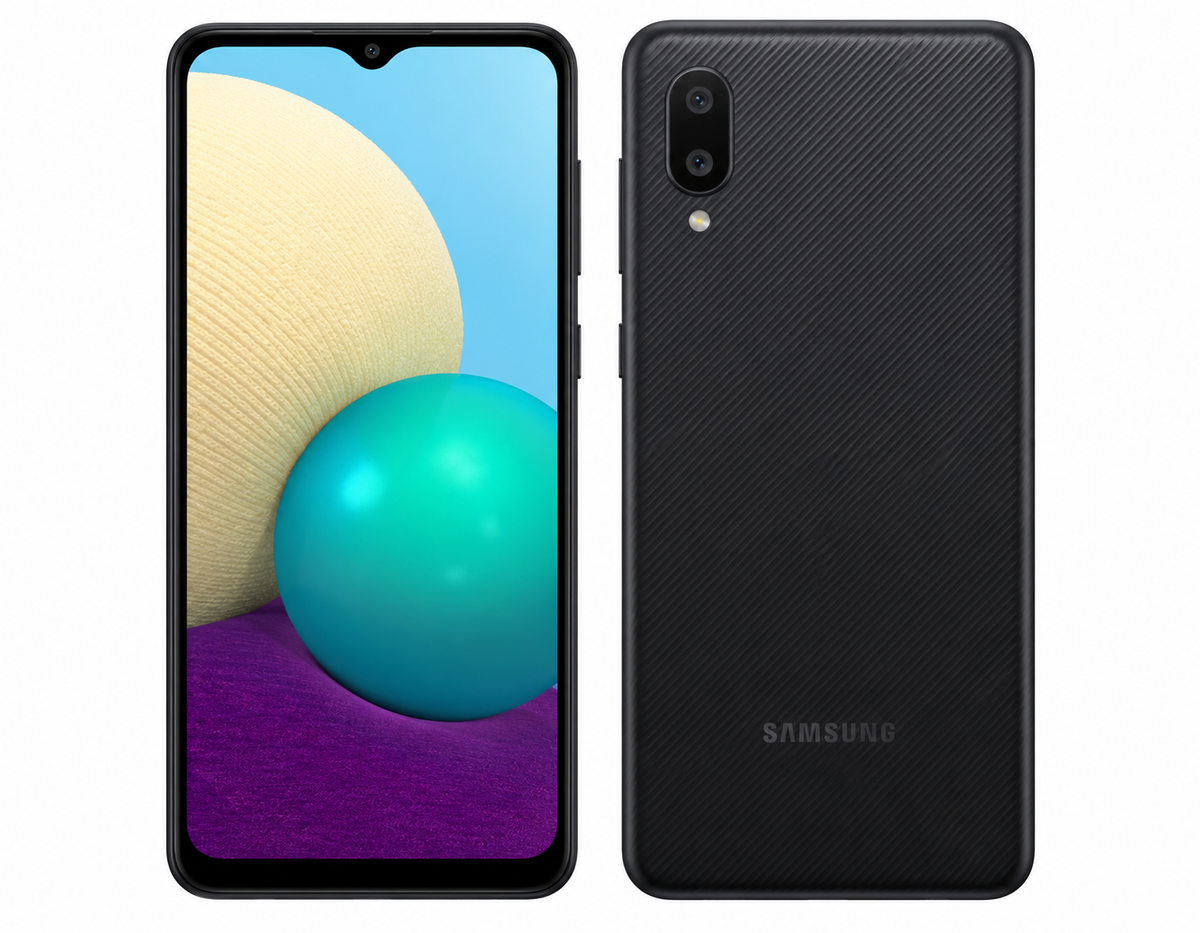 Samsung Galaxy A02 4G Black dual-SIM smartphone front and back view with rear camera