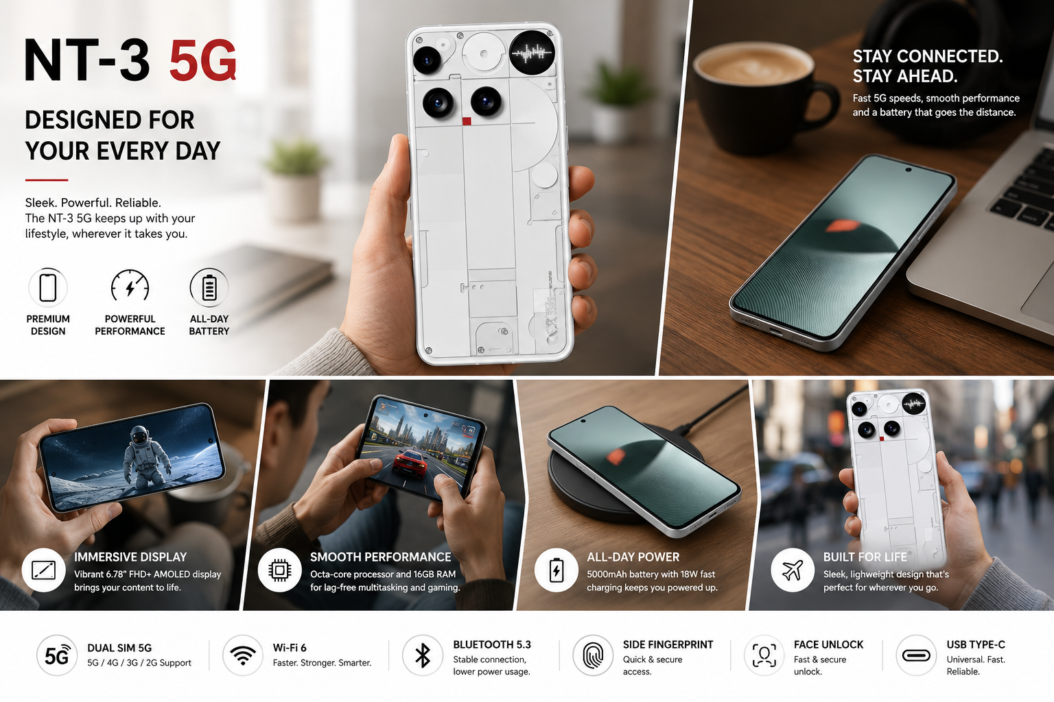 Nothing Phone (3) 5G smartphone in white, back and front shown with on-screen feature icons