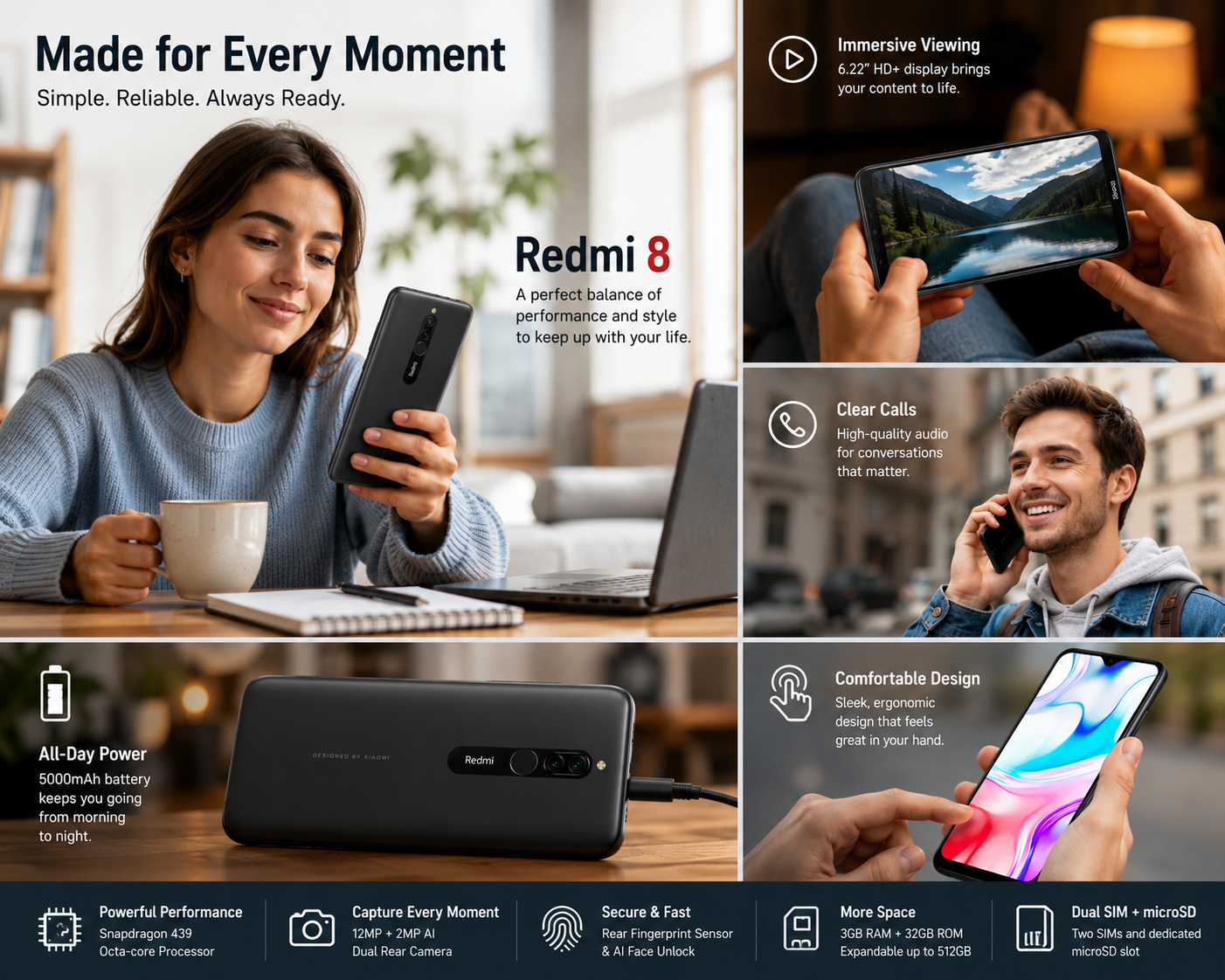 Redmi 8 smartphone held in hands, black back with dual cameras and colorful display